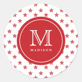 4:e juli Stars Red Monogram Namn Party Sticker Runt Klistermärke