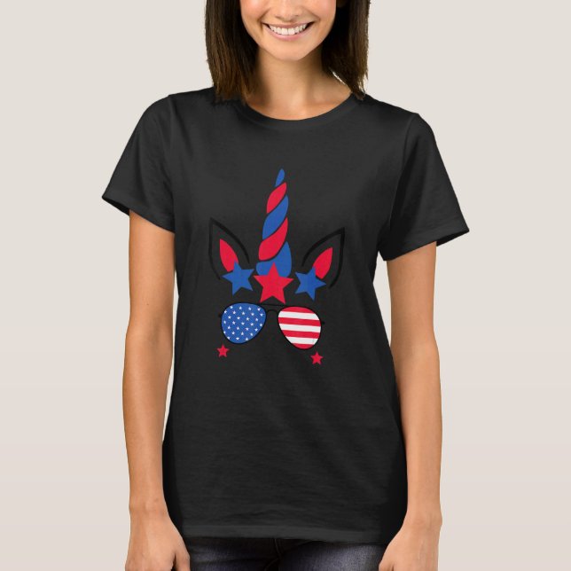 4:e juli Unicorn American Flagga Patriotic T Shirt (Framsida)