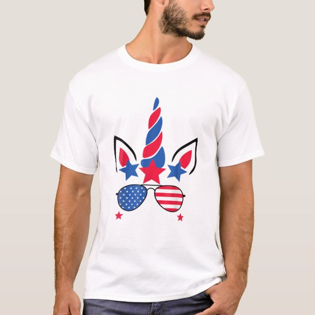 4:e juli Unicorn American Flagga Patriotic T Shirt (Framsida)