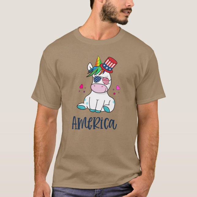 4:e juli Unicorn with USA flagga Sol Glass T Shirt (Framsida)