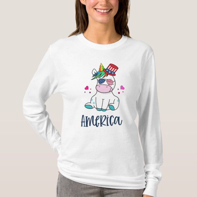 4:e juli Unicorn with USA flagga Sol Glass T Shirt (Framsida)