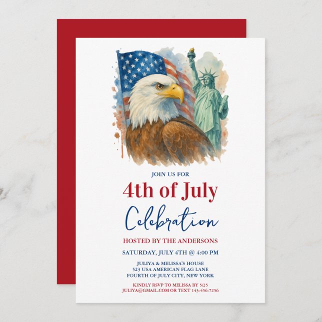 4:e juli vattenfärgen Eagle Patriotic Party Inbjudningar (Fram/baksida)