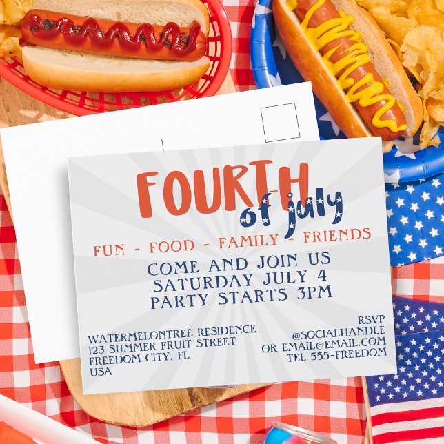 4:e juli-vykort för inbjudan till Fireworks-part (Fun, Food, Family & Friends. All the ingredients for a fabulous Fourth. Just add your party details)