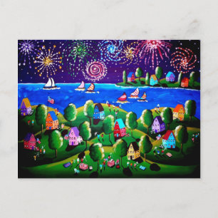 4:e juli Whimsical Folk Art Post Card Vykort