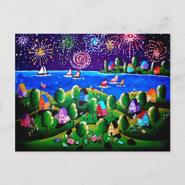 4:e juli Whimsical Folk Art Post Card Vykort (Framsida)