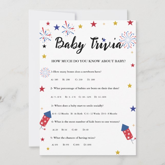 4:e july Baby trivia Baby dusch-spelkortet Inbjudningar (Framsida)