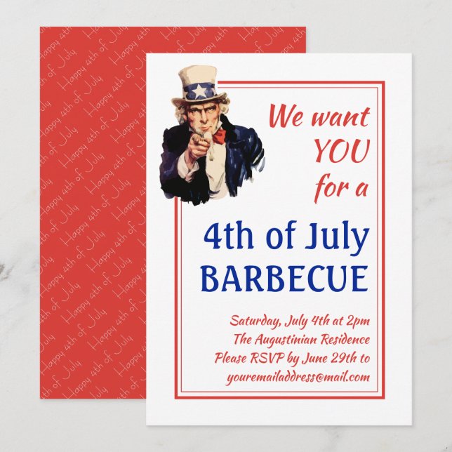 4:E JULY BBQ BARBECUE farbror Sam Anpassad RED Inbjudningar (Fram/baksida)