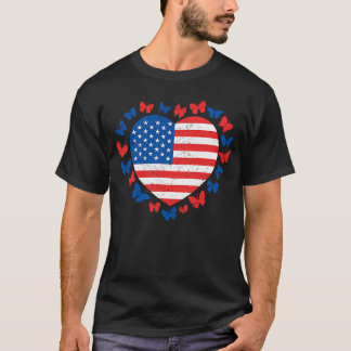 4:e July Butterfly American Flagga Patriotic Heart T Shirt