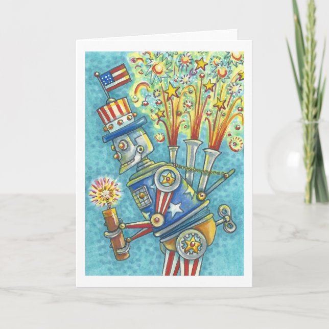 4:E JULY FIREWORKS ROBOT GREETING CARD Blank Kort (Framsida)