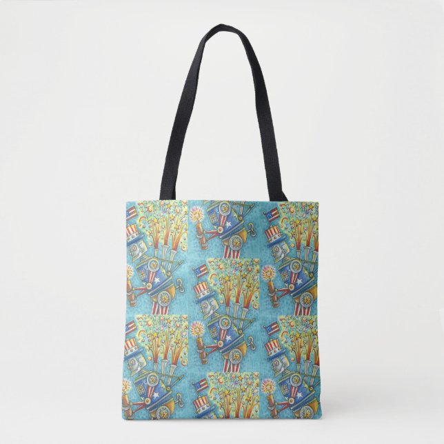 4:E JULY FIREWORKS ROBOT, STEAMPUNK TOTE BAG TYGKASSE (Framsida)