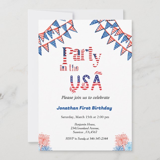 4:e July party i USA: rödvit och blå Inbjudningar (Framsida)