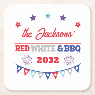 4:e July Red white och BBQ-familjen namn patriotic Underlägg Papper Kvadrat