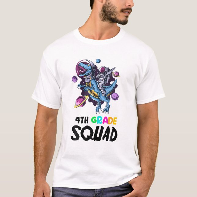 4:e Klass SQUAD Funny Astronaut Riding Rex Lärare T Shirt (Framsida)