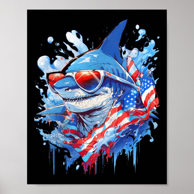 4:e Patriotic Funny Shark Sungles Independence day Poster (Framsidan)