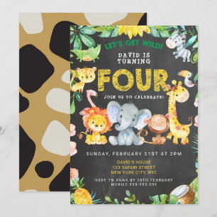 4:e pojken Birthday Chalkboard Zoo Animals Jungle Inbjudningar