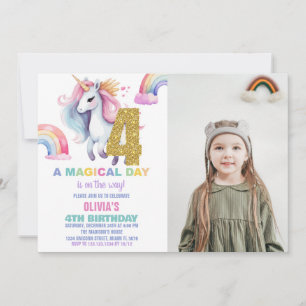 4:e Rainbow Unicorn Birthday-inbjudan med foto Inbjudningar