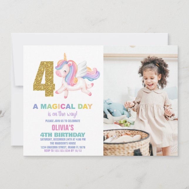 4:e Rainbow Unicorn Birthday-inbjudan med foto Inbjudningar (Framsida)