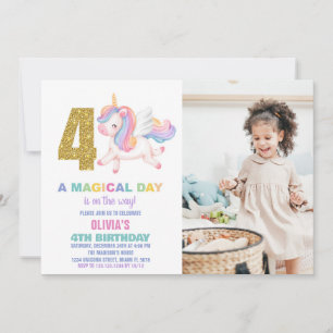 4:e Rainbow Unicorn Birthday-inbjudan med foto Inbjudningar