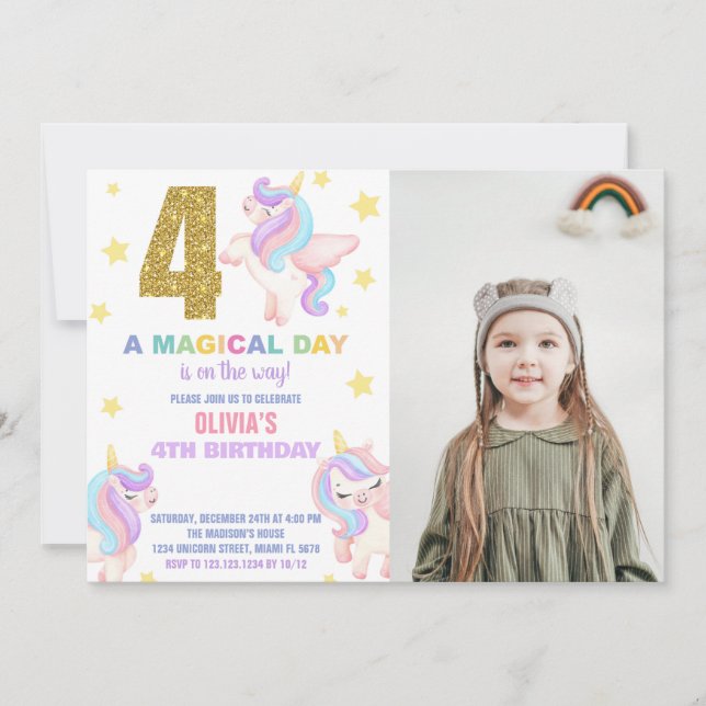 4:e Rainbow Unicorn Birthday-inbjudan med foto Inbjudningar (Framsida)