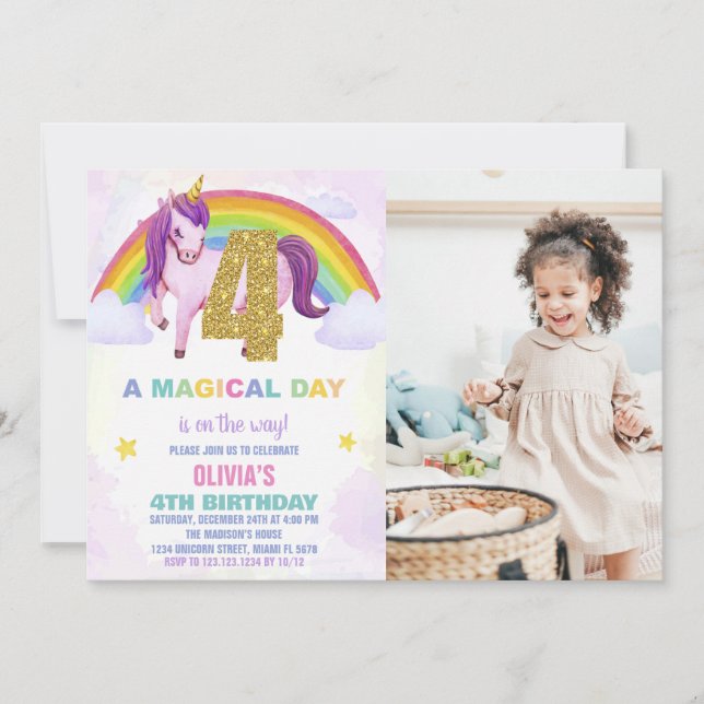 4:e Rainbow Unicorn Birthday-inbjudan med foto Inbjudningar (Framsida)