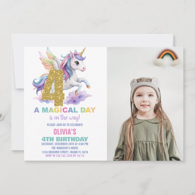 4:e Rainbow Unicorn Birthday-inbjudan med foto Inbjudningar (Framsida)