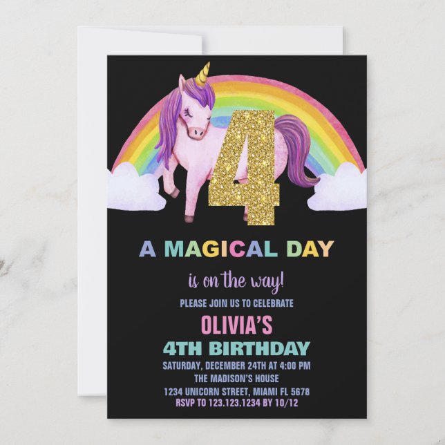 4:e regnbåge, Unicorn Birthday-inbjudan Glitter Inbjudningar (Framsida)