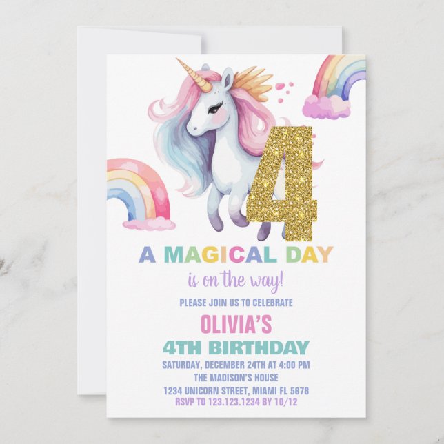 4:e regnbåge, Unicorn Birthday-inbjudan Glitter Inbjudningar (Framsida)