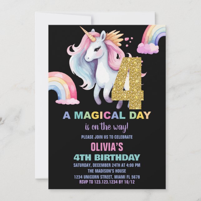4:e regnbåge Unicorn Birthday: Inbjudan till vatte (Framsida)