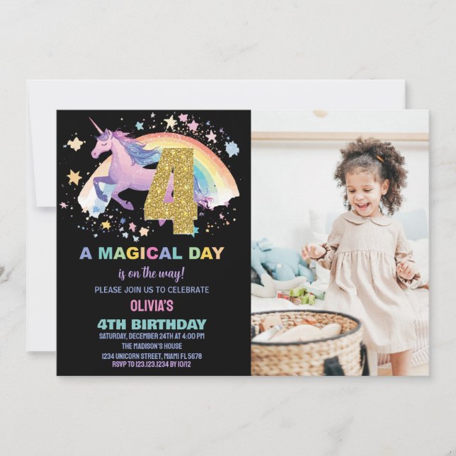 4:e Unicorn Birthday-inbjudan med foto Inbjudningar (Framsida)