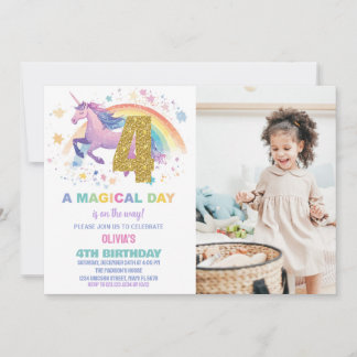 4:e Unicorn Birthday-inbjudan med foto Inbjudningar