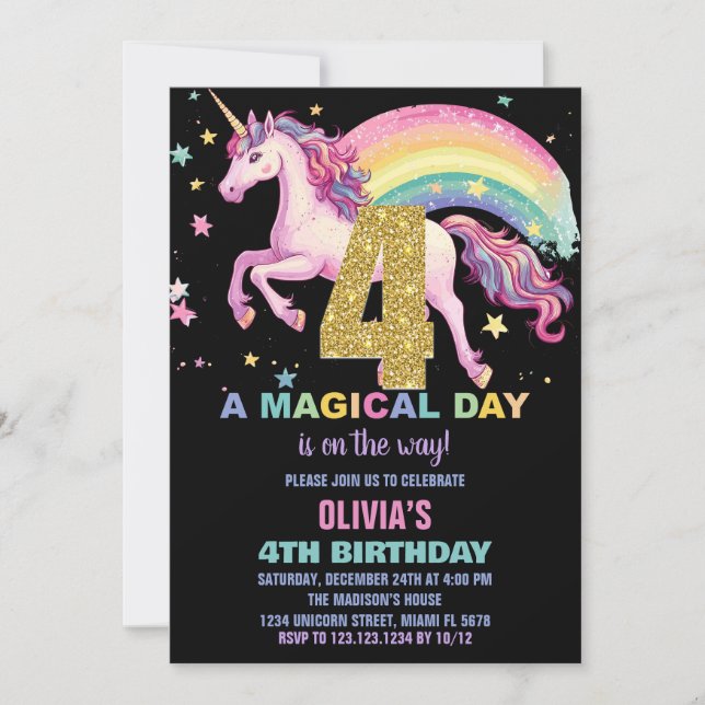 4:e Unicorn Birthday-inbjudan svart Inbjudningar (Framsida)