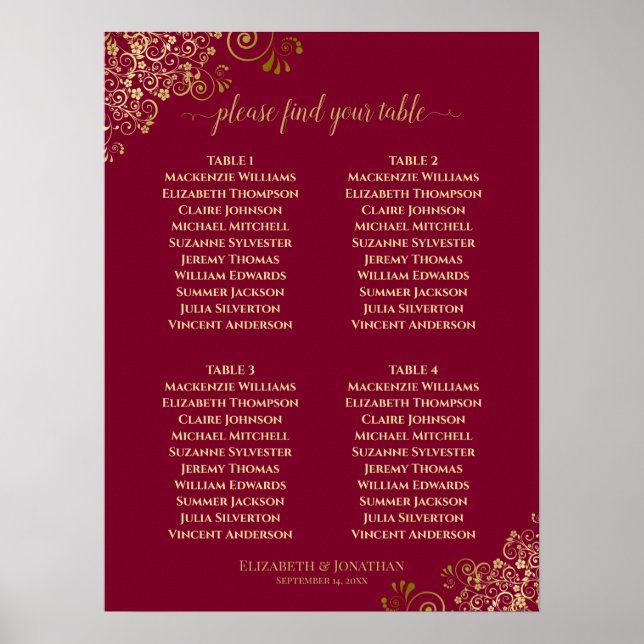 4 Elegant Guld & Burgundy-passagerardiagram, Bord Poster (Framsidan)