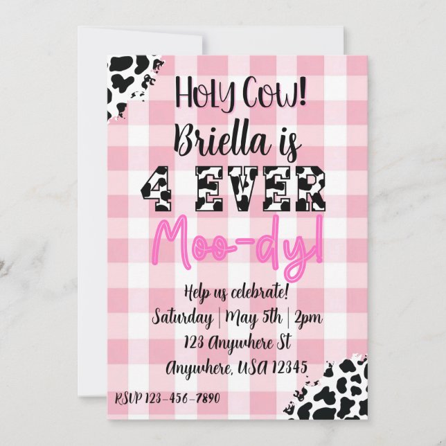 4 Ever Moody Cow Fourth Birthday Invitation Inbjudningar (Framsida)