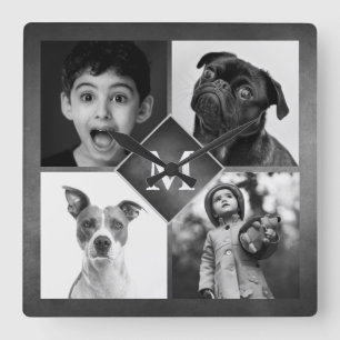 4 Familjefoto Collage Svart Kritskriftsmonogram Fyrkantig Klocka