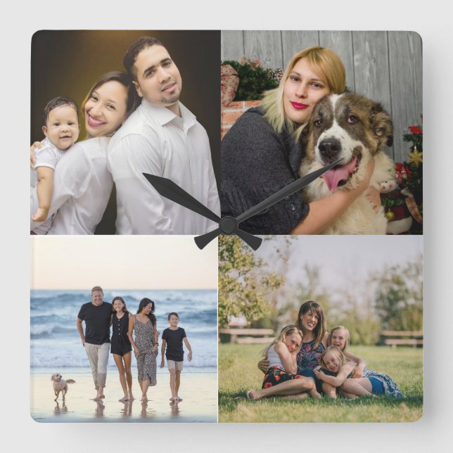 4 familjefotocollage anpassad fyrkantig klocka (Framsida)