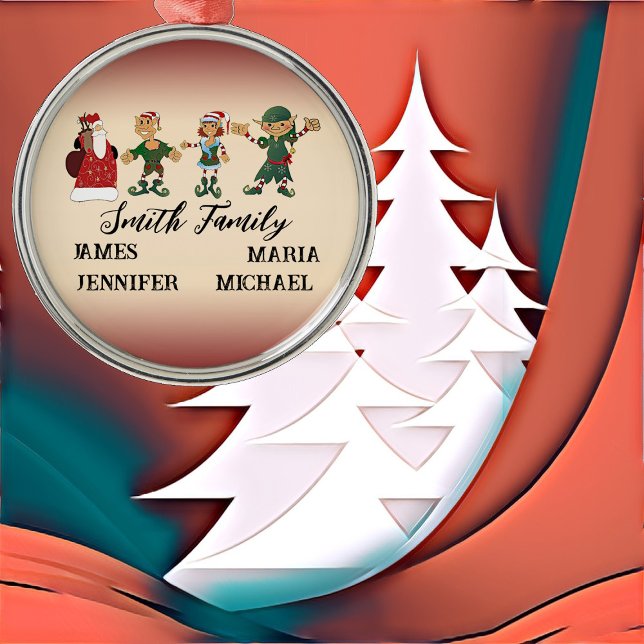 4 Familjemedlemmar Jul Dancing Elves Santa Roligt Julgransprydnad Metall (4 Family Members Christmas Dancing Elves Santa Fun Metal Ornament)