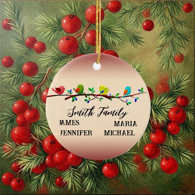 4 Familjemedlemmar Personlig Namn julfåglar Julgransprydnad Keramik (4 Family Members Personalized Name Christmas Birds Ceramic Ornament)