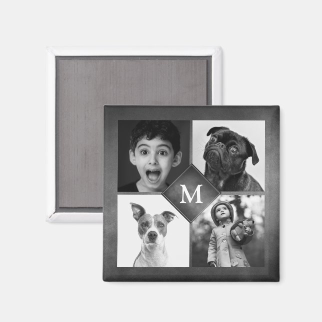 4 Family Photos Collage Black Chalkboard Monogram Magnet (Front/Back)