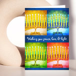 4 Färgfull Hanukkah Menorahs Peace Kärlek Light Ch Helgkort<br><div class="desc">"Önskar fred, kärlek och ljus.." Lycklig Hanukkah!" Ett nära foto med 4 ljusa färgader på artsy-menorahs hjälper dig att sätta igång i helgdag av Hanukkah. Känn julhelgens värme och glädje när du skickar det här fantastiska, färgstarka Hanukkah-hälsningskortet. Matchningshöljen, klistermärken, frimärke, tote bags, serveringsbrickor och andra produkter finns i min "Hanukah...</div>