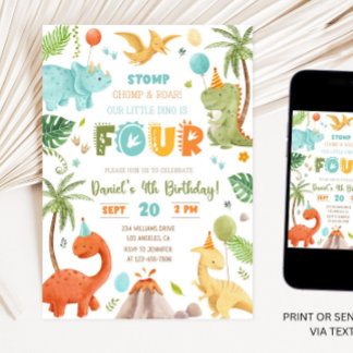 4 fjärde Födelsedagsfesten 4e födelsedagen TRex Inbjudningar