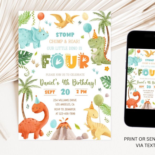 4 fjärde Födelsedagsfesten 4e födelsedagen TRex Inbjudningar (Skapare uppladdad)
