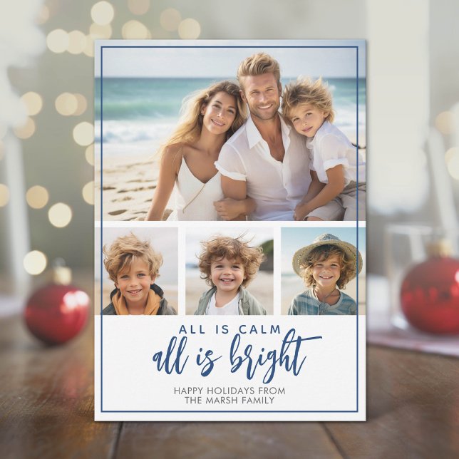 4 Foto - Allt är lugnt Ljust - Mörkblå jul Julkort (Modern, Minimal Holiday Card with 4 Photos)