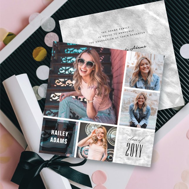 4 Foto Collage Folie Kvadrater Chic Grattis Kort (4 Photo Collage Silver Foil Squares Chic Graduation Announcement Card @ zazzle.com/color_therapy)