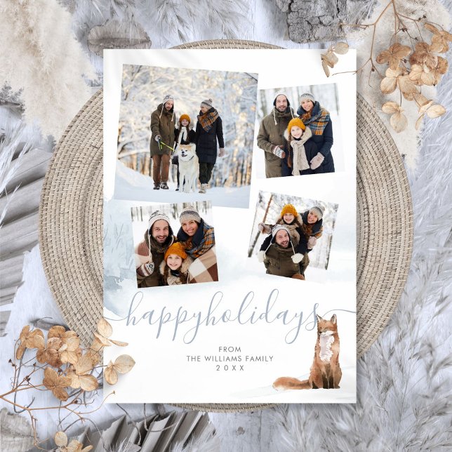 4 Foto Collage Glad helg Winter Woodland Fox Julkort (4 Photo Collage Happy Holidays Winter Woodland Fox Holiday Card)