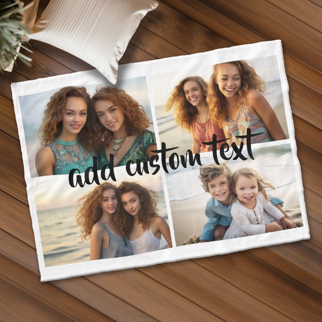 4 Foto Collage manus text - redigerbara färger Fleecefilt (Custom Fleece Blanket - Add Photos and Text)