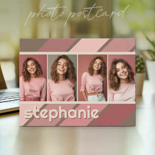 4 Foto Collage Retro Stripe - rosa mauve Vykort