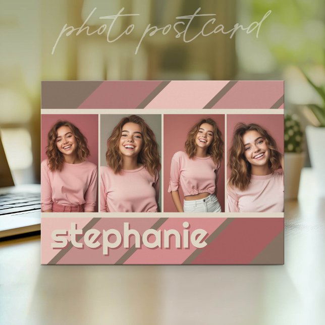 4 Foto Collage Retro Stripe - rosa mauve Vykort (Photo Postcard - Customize with your favorite pics)