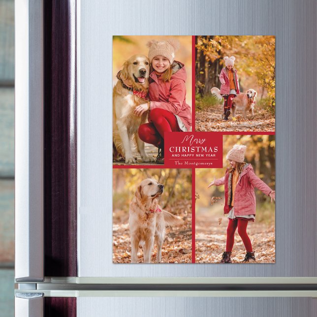 4 Foto Collage Röda Jul Magnetiska Kort (4 Photo Collage Red Merry Christmas Magnetic Cards)