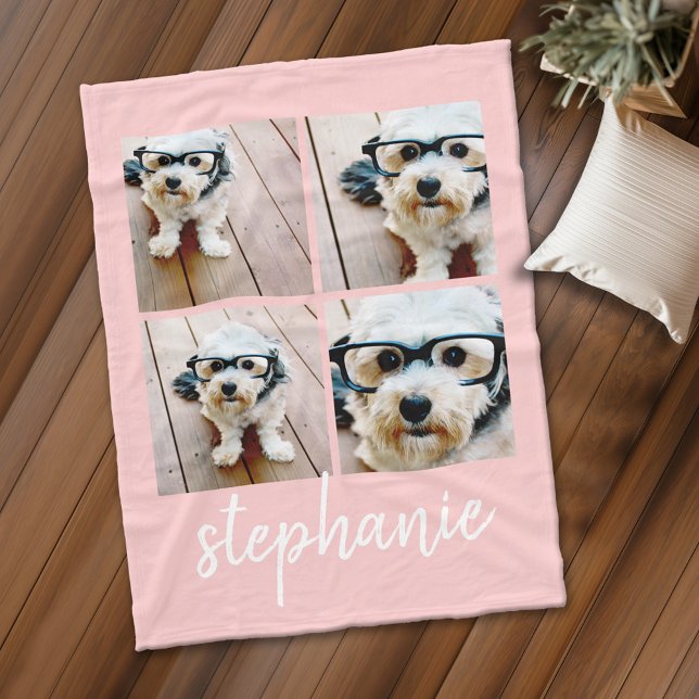 4 Foto Collage Skriptnamn - kan redigera rosafärga Fleecefilt (Personalized fleece blanket with 4 photos and custom text)