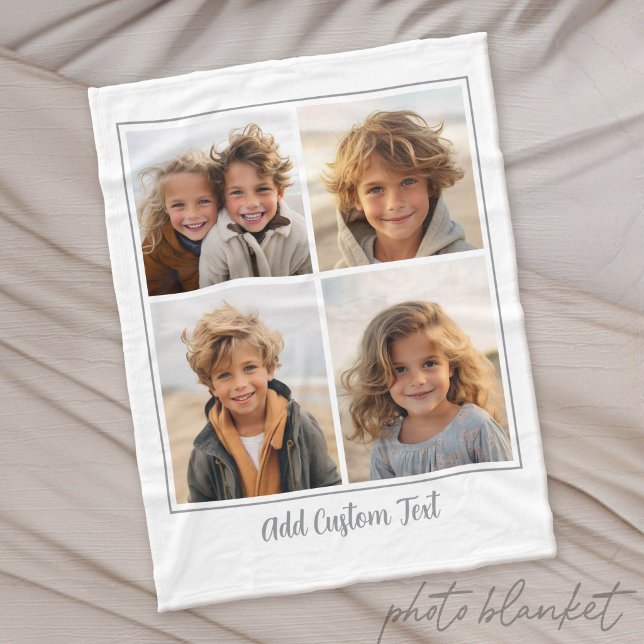 4 Foto Collage Trendig Script Text - Vit Grå Fleecefilt (Custom Photo Blanket)